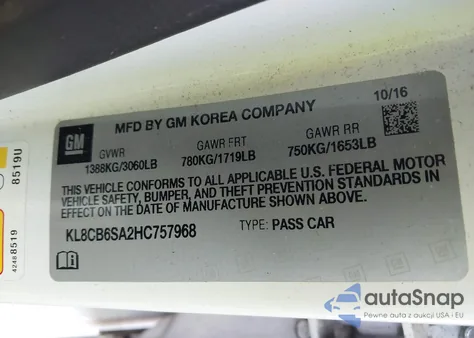 2017 Chevrolet Spark Ls Cvt z USA, uszkodzony, nr VIN KL8CB6SA2HC757968